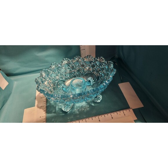 Vintage Blue Daisy & Button Pressed Glass Footed Bowl 3-Leg 6.5" Retro - Picture 8 of 11